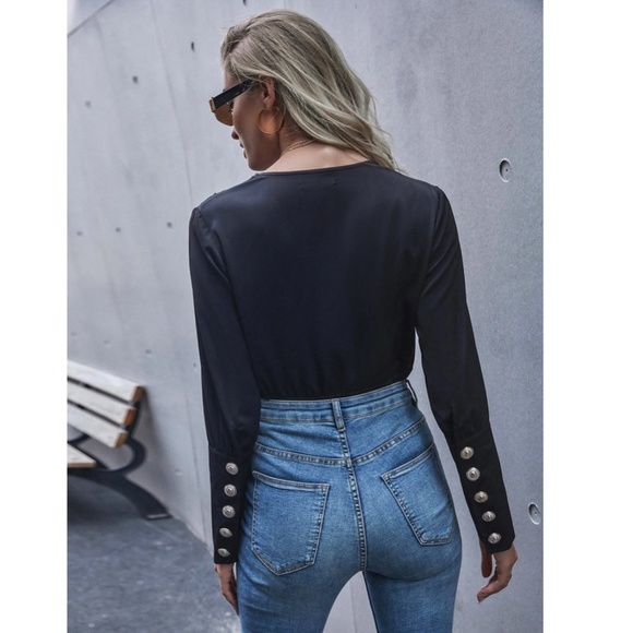 Black Elegant V neck Bodysuit Surplice Decolleté Long Sleeves - Picture 4 of 7